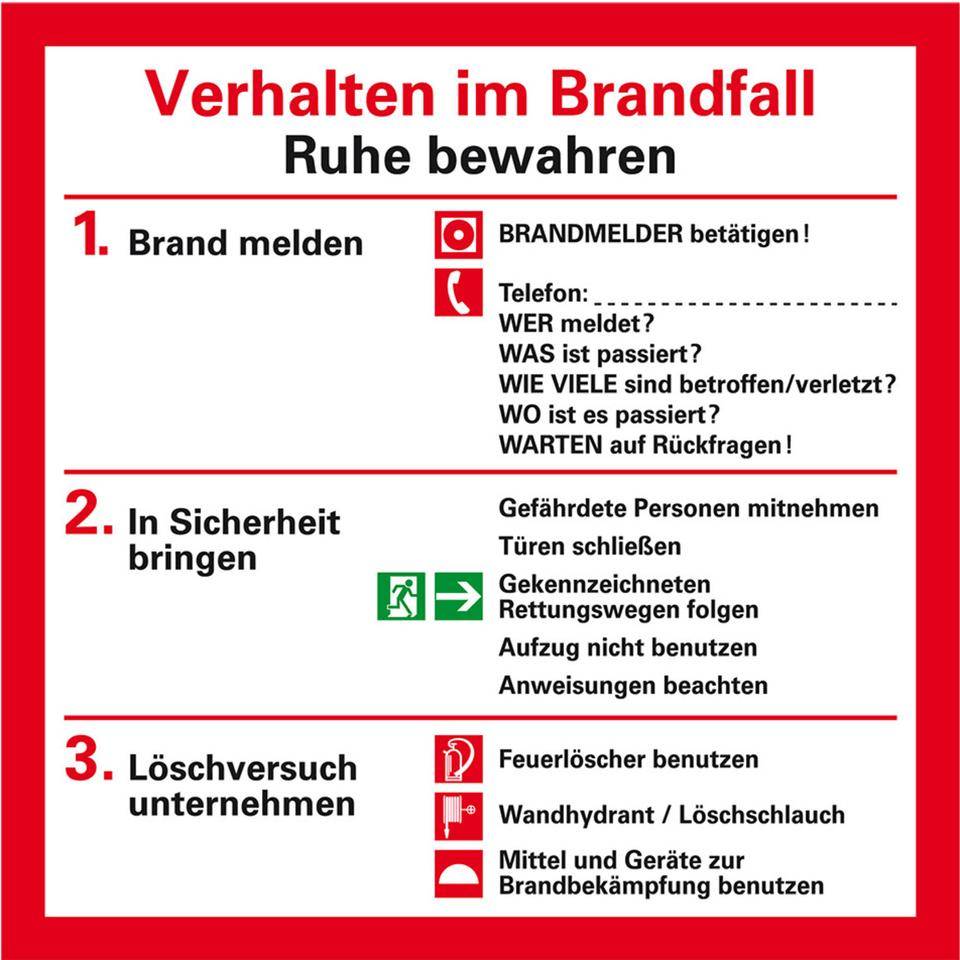 Notfallplan Verhalten im Brandfall, Folie, selbstklebend, 200x200 mm