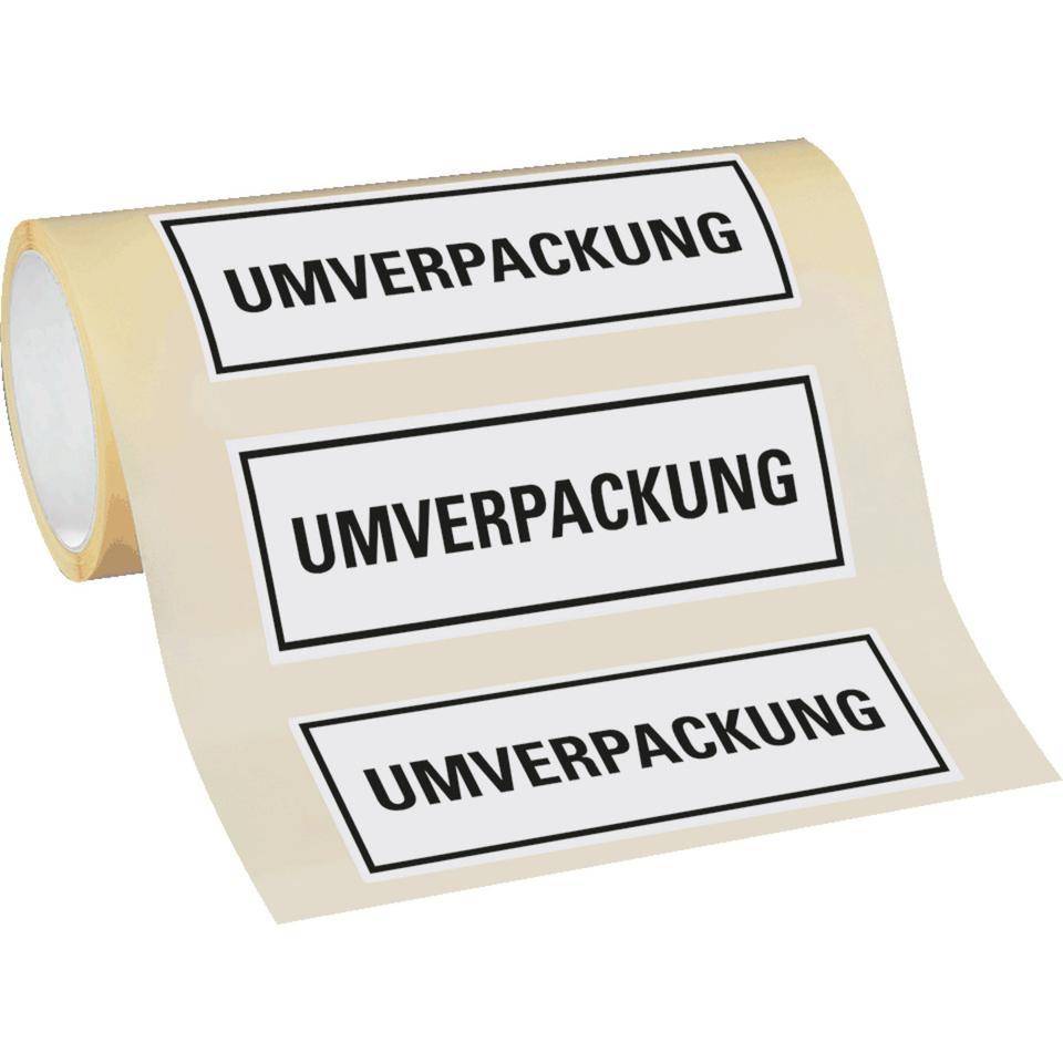 Verpackungskennzeichen UMVERPACKUNG, Folie, seewasserbeständig, 147x50 mm, 500/Rolle, IMDG-Code, GGVSEB, ADR