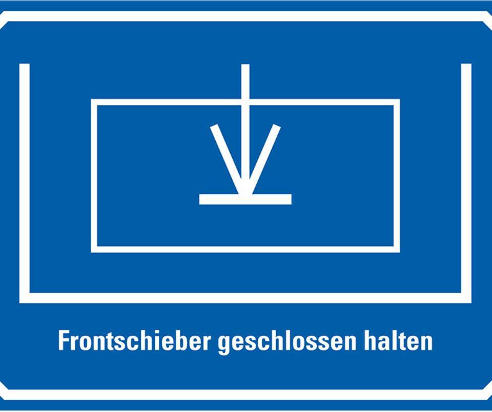 Maschinen-Hinweisschild Frontschieber geschlossen halten, Folie,150x100mm