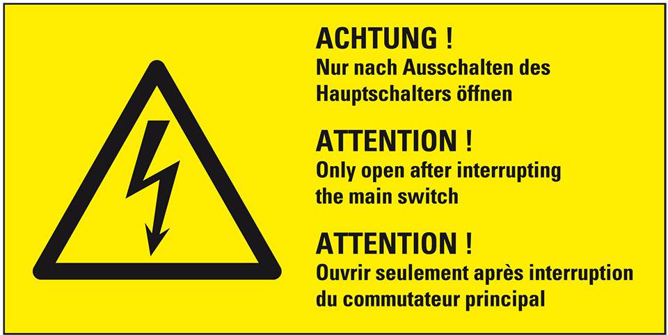Warn-Kombischild Nur n.Ausschalten d.Hauptschalt.öffnen, praxisbewährt, Folie, 100x50mm