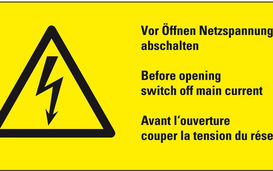 Warn-Kombischild Vor Öffnen Netzspannung abschalten, praxisbewährt, Folie, 100x50mm