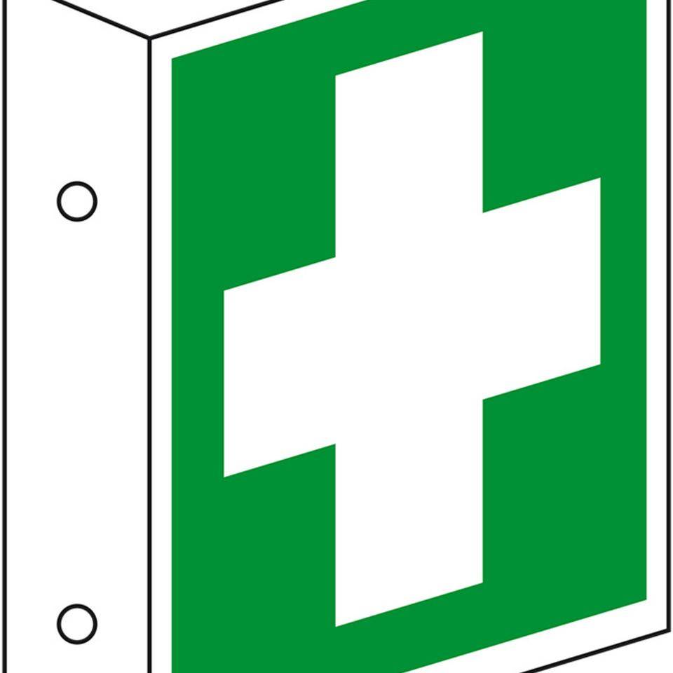 Rettungs-Fahnenschild Erste Hilfe, doppelseitig, Kunststoff, 200x200mm, ASR A1.3, DIN EN ISO 7010 E003