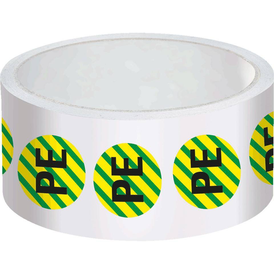 Leiterkennzeichen PE Schutzleiter, RoHS-konform, Folie, selbstklebend, Ø 20mm, 500/Rolle, DIN EN 60445 / IEC 60417