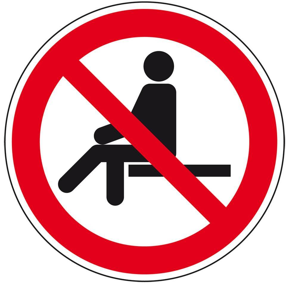Verbotsschild Sitzen verboten, Folie, selbstklebend, Ø 100mm, DIN EN ISO 7010 P018