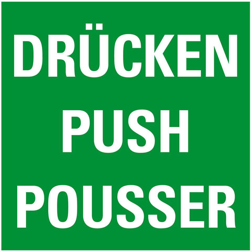Türhinweis Drücken, dreisprachig, grün/weiß, Folie, selbstklebend, 80x80mm