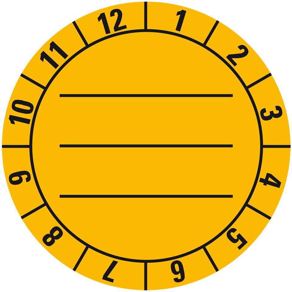 Prüfplakette mit Monatskranz, zum Beschriften, gelb, Dokumentenfolie, Ø30mm, 18/Bogen