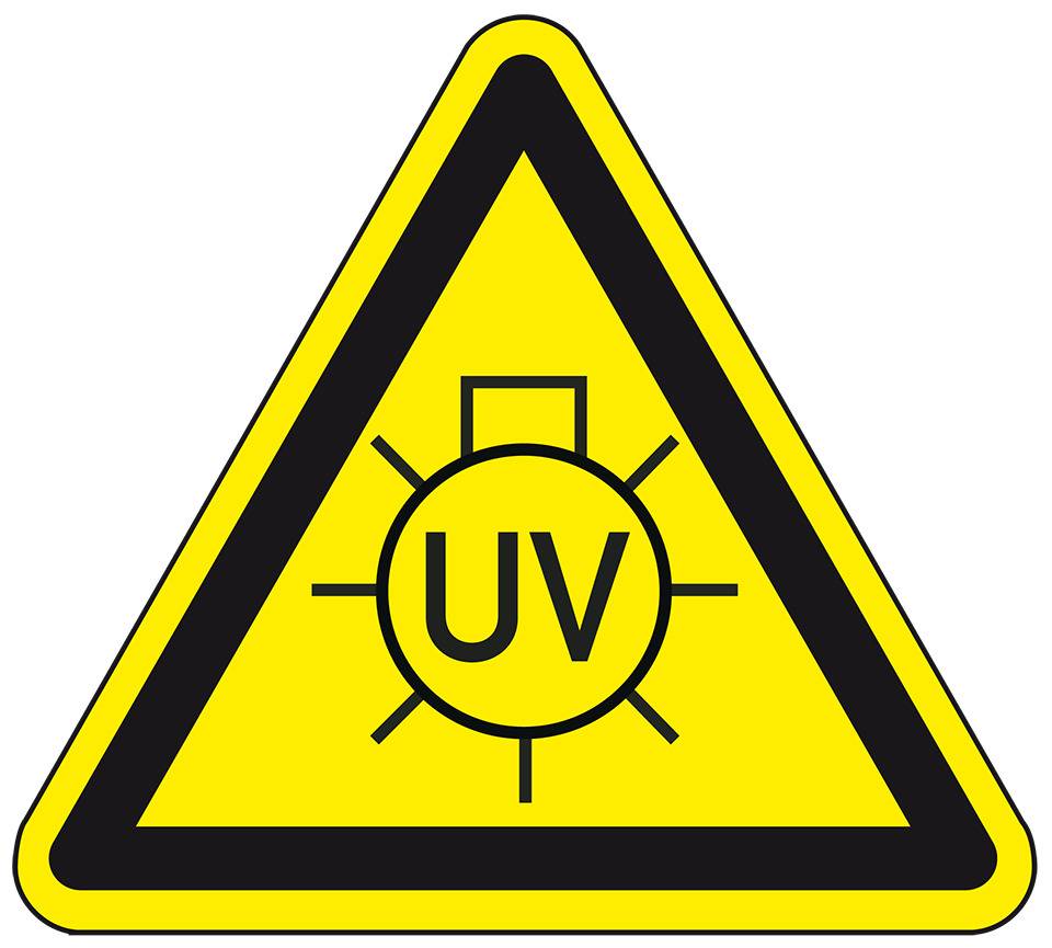 Warnschild Warnung vor UV-Strahlung, praxisbewährt, Folie, selbstklebend, SL 100mm