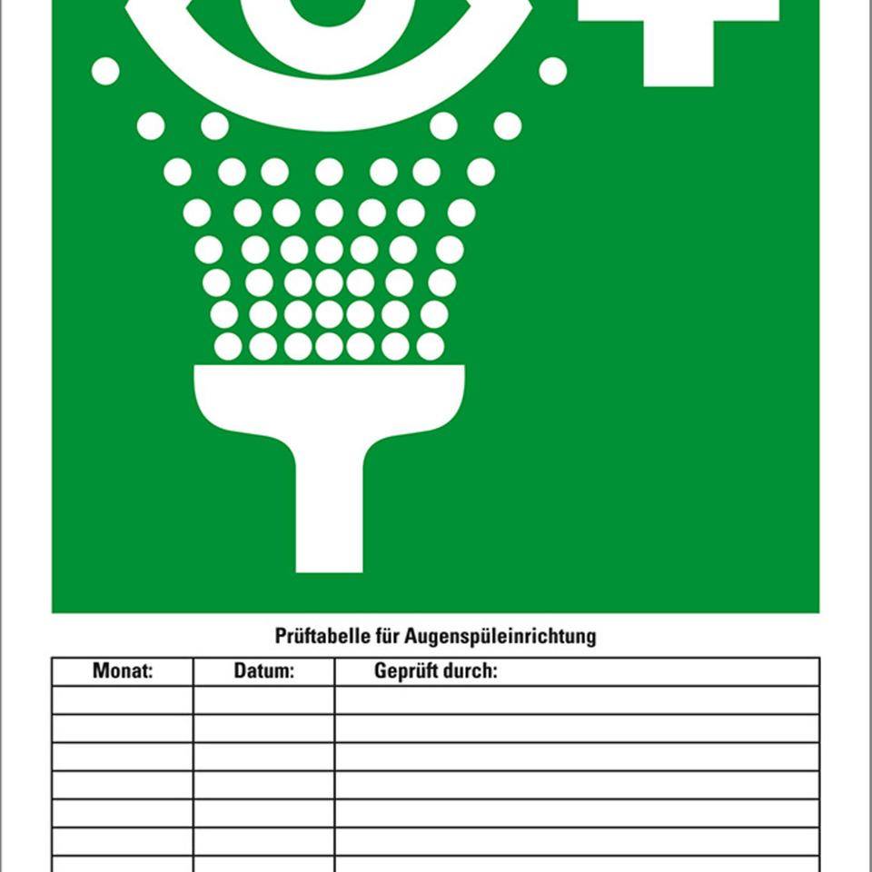 Prüftabellen-Set für Augenduschen, 5 Prüftafeln, 1 Rahmen grün, Faserschreiber