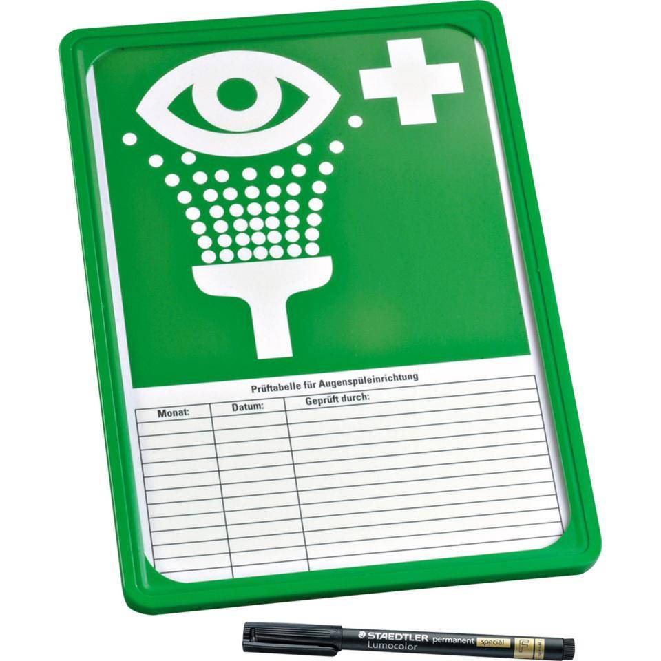 Prüftabellen-Set für Augenduschen, 5 Prüftafeln, 1 Rahmen grün, Faserschreiber