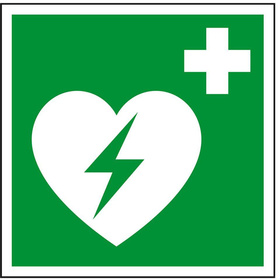 Rettungszeichen Automatisierter externer Defibrillator (AED), doppelseitig, Folie, 150x150mm, ASR ISO 7010 E010 D-E017