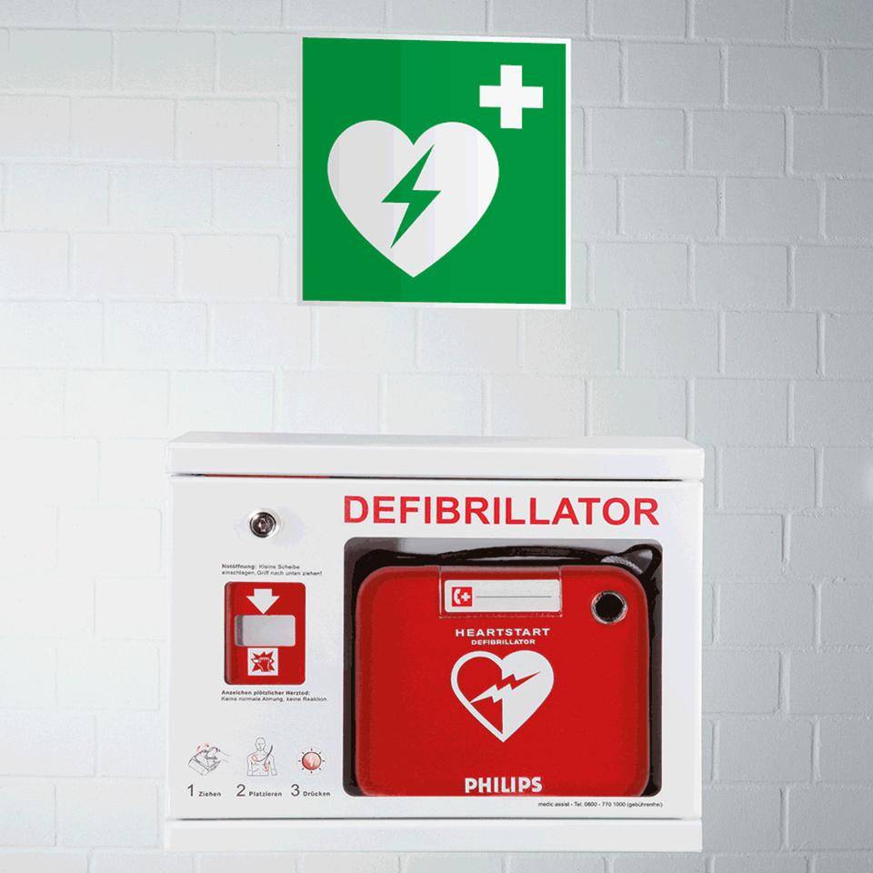 Rettungszeichen Automatisierter externer Defibrillator (AED), doppelseitig, Folie, 150x150mm, ASR ISO 7010 E010 D-E017