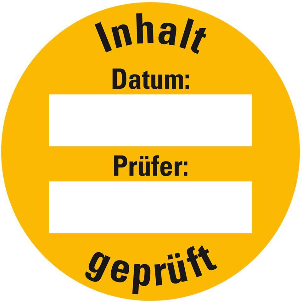 Prüfplakette Inhalt geprüft, gelb, Folie, ablösbar, Ø 30mm, 18/Bogen