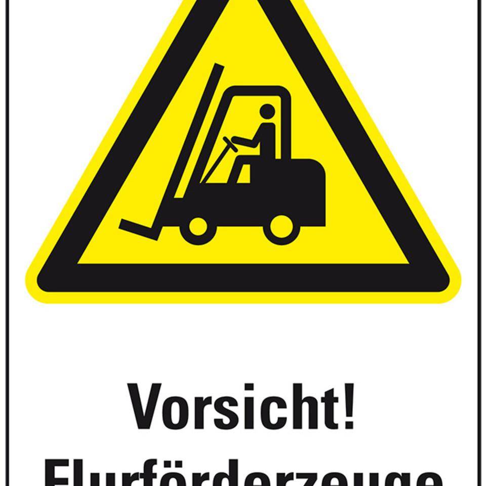 Warn-Kombischild Vorsicht!Flurförderzeuge, Kunststoff, 200x300mm, ASR A1.3, DIN EN ISO 7010 W014