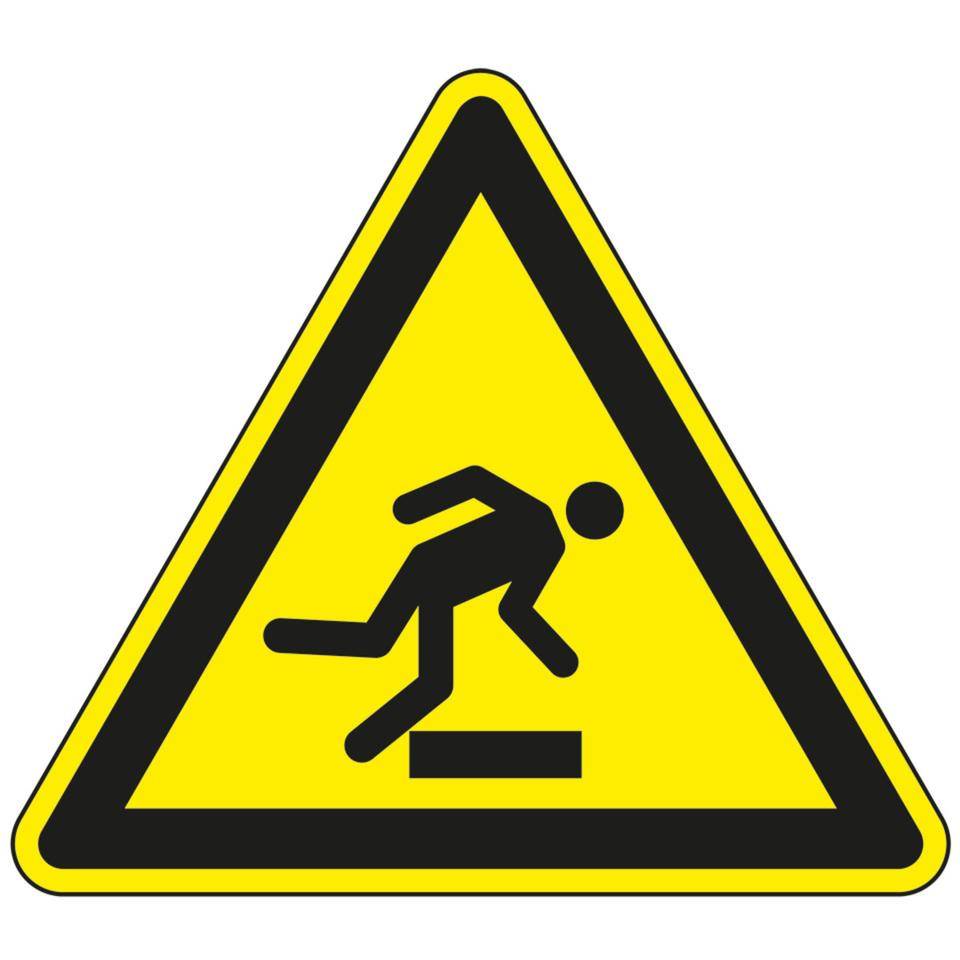 Warnschild Warnung vor Hindernissen am Boden, Folie, selbstklebend, SL 100mm, ASR A1.3, DIN EN ISO 7010 W007