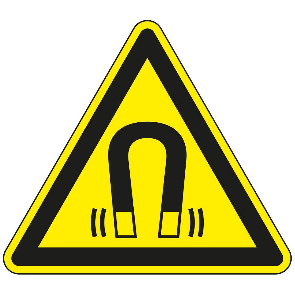 Warnschild Warnung vor magnetischem Feld, Folie, SL 50mm, 10/Bogen, ASR A1.3, DIN EN ISO 7010 W006