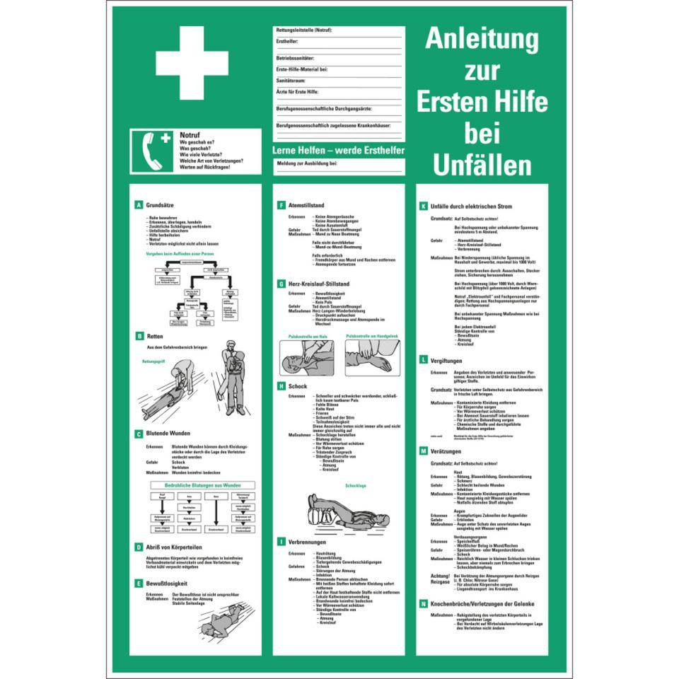 Aushang Anleitung zur Ersten Hilfe bei Unfällen, Kunststoff, 395x575mm