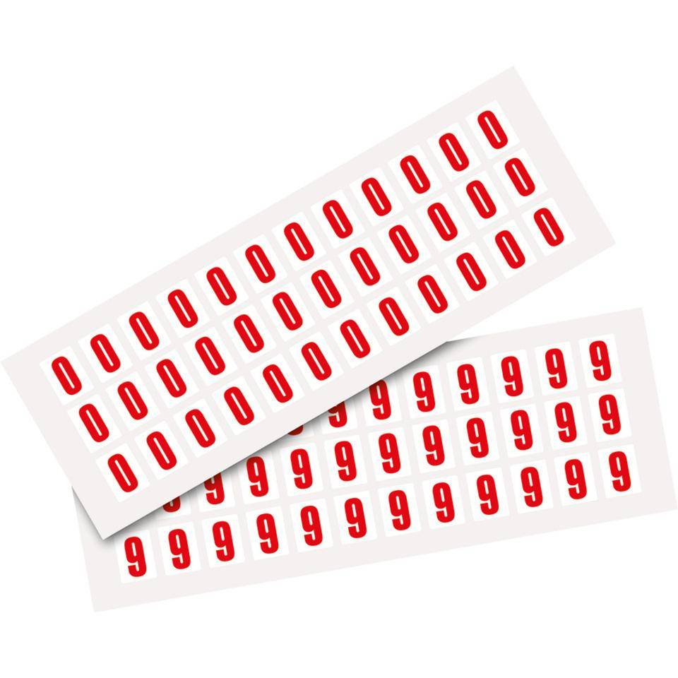 Kombipackung Ziffer 0-9, weiß/rot, Folie, SH 15mm, 14x19mm, 72 je Ziffer/VE