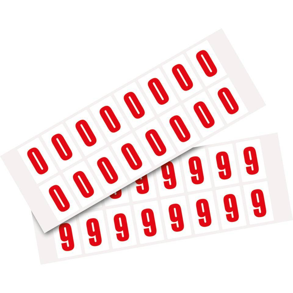 Kombipackung Ziffer 0-9, weiß/rot, Folie, SH 25mm, 22x36mm, 32 je Ziffer/VE