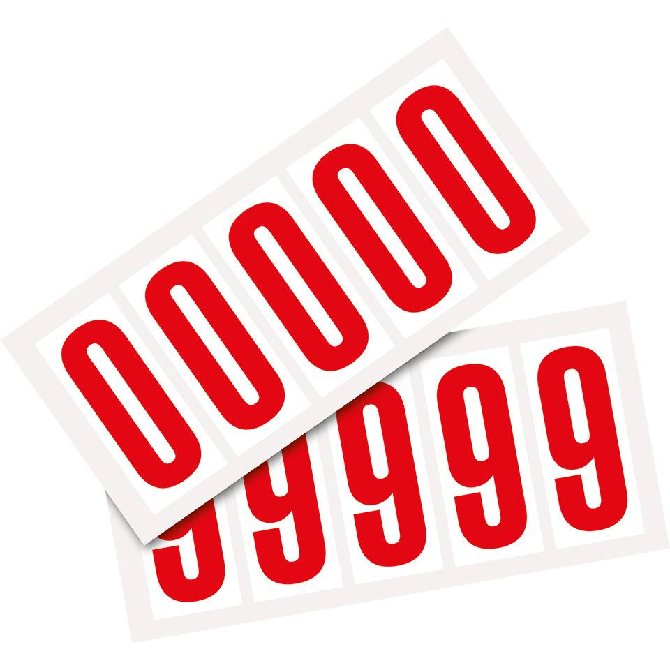 Kombipackung Ziffer 0-9, weiß/rot, Folie, SH 75mm, 38x88mm, 10 je Ziffer/VE