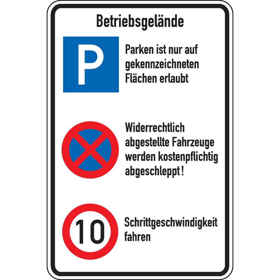 Betriebsgeländeschild, mit 3 Verkehrszeichen, Aluminium RA0, reflektierend, 600x900mm, DIN 67520, nach StVO