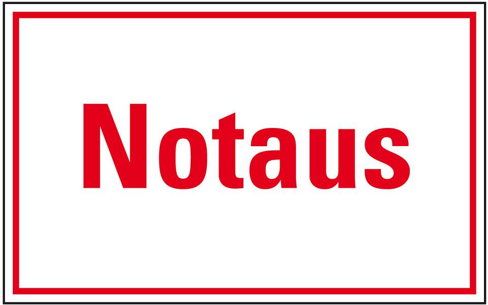 Hinweisschild Notaus, weiß/rot, Folie, selbstklebend, 300x200mm