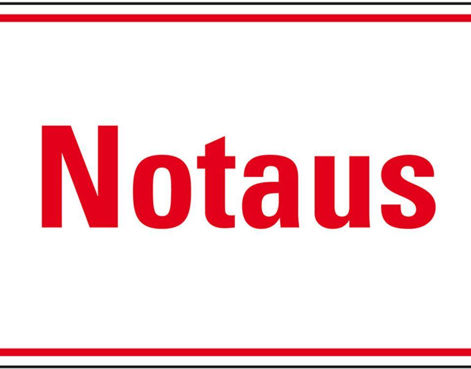 Hinweisschild Notaus, weiß/rot, Folie, selbstklebend, 300x200mm