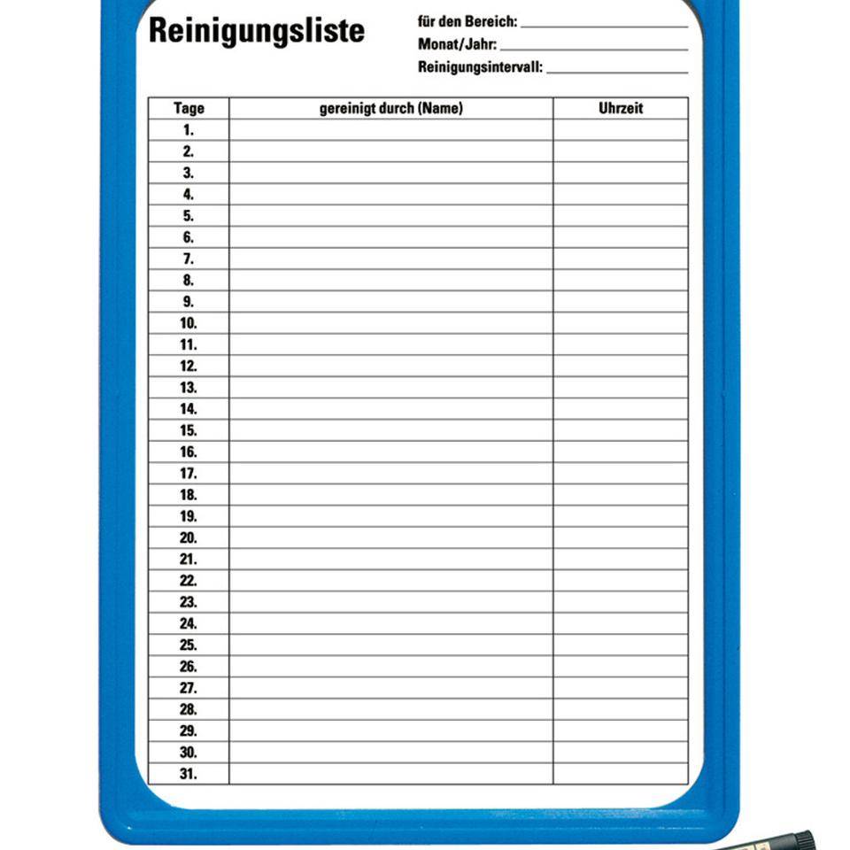 Reinigungsnachweis, bestehend aus 12 Reinigungslisten, Rahmen u.Faserschreiber