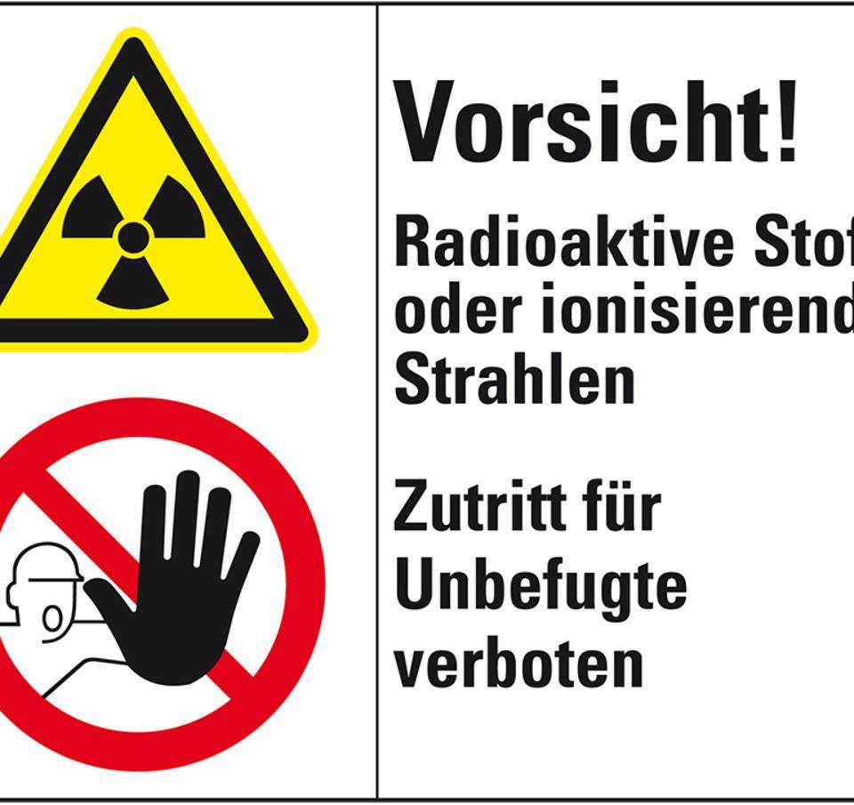 Kombischild mit Symbol Vorsicht! Radioaktive Stoffe..., Folie, 200x150mm, ASR A1.3, DIN EN ISO 7010 D-P006 und W003