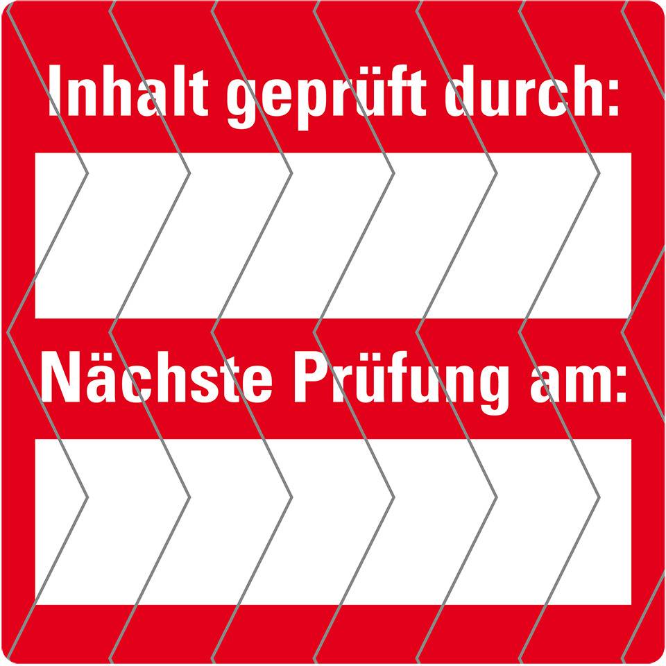 Siegel Inhalt geprüft durch:, rot/weiß, Folie, selbstklebend, 40x40mm, 12/Bogen