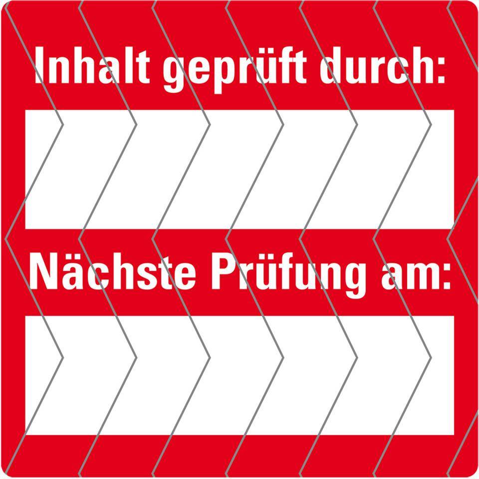 Siegel Inhalt geprüft durch:, rot/weiß, Folie, selbstklebend, 40x40mm, 12/Bogen