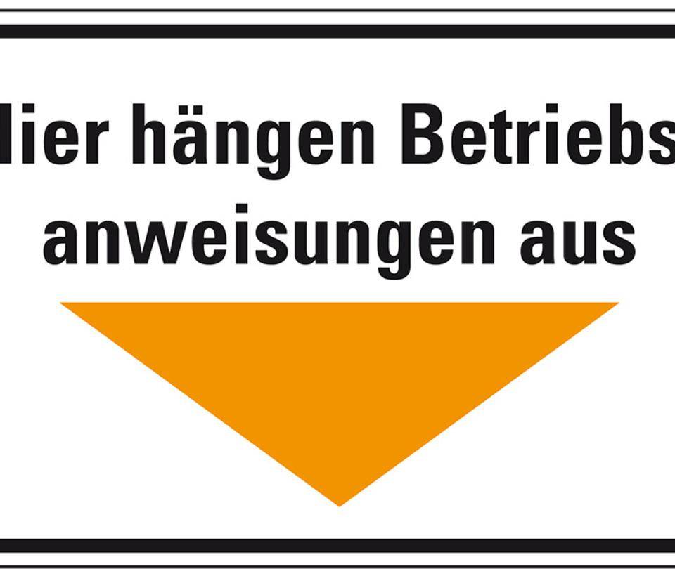 Hinweisschild Hier hängen Betriebsanweisungen aus, Pfeil gelb, Kunststoff, 300x200mm
