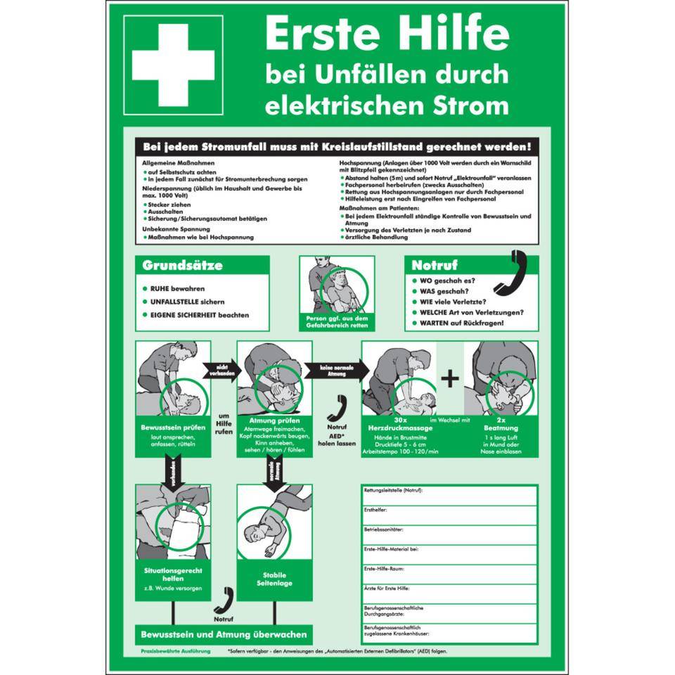 Aushang Erste Hilfe bei Unfällen durch elektrischen Strom, Kunststoff, 395x575mm