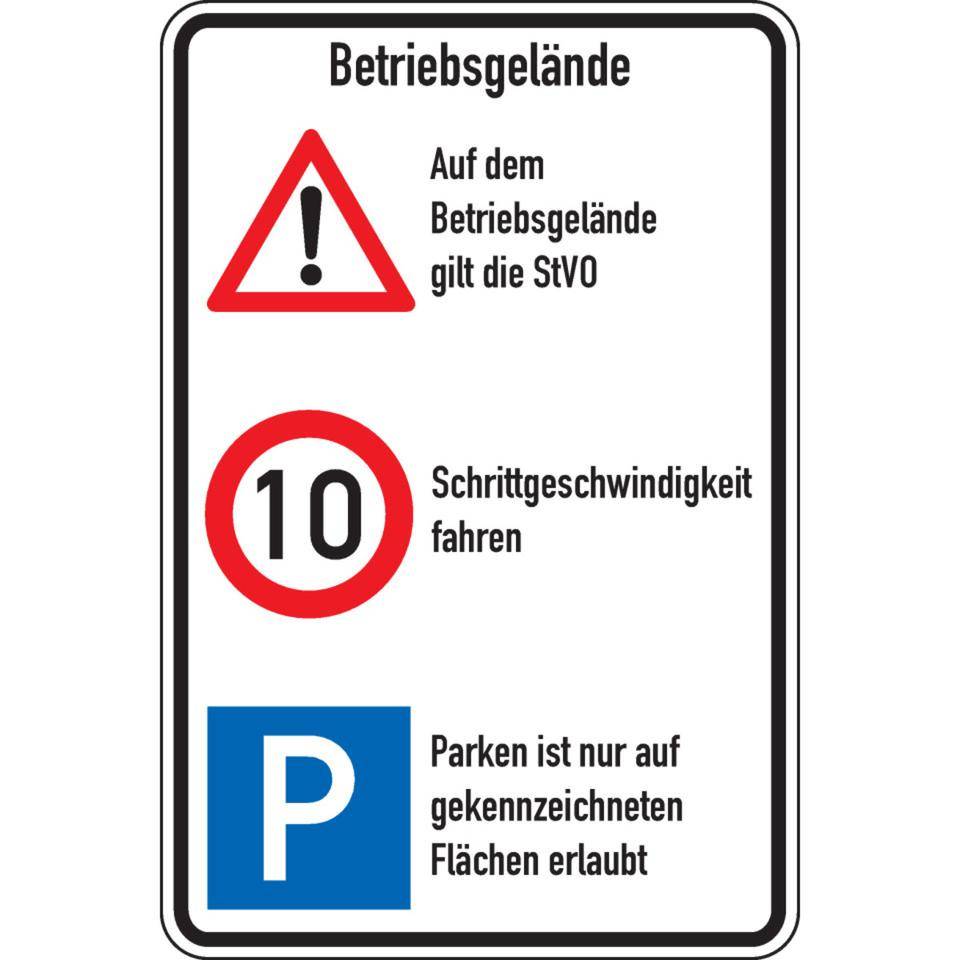 Kombischild Betriebsgelände, STVO und 10 km/h+Parken, Aluminium,600x900mm, nach StVO