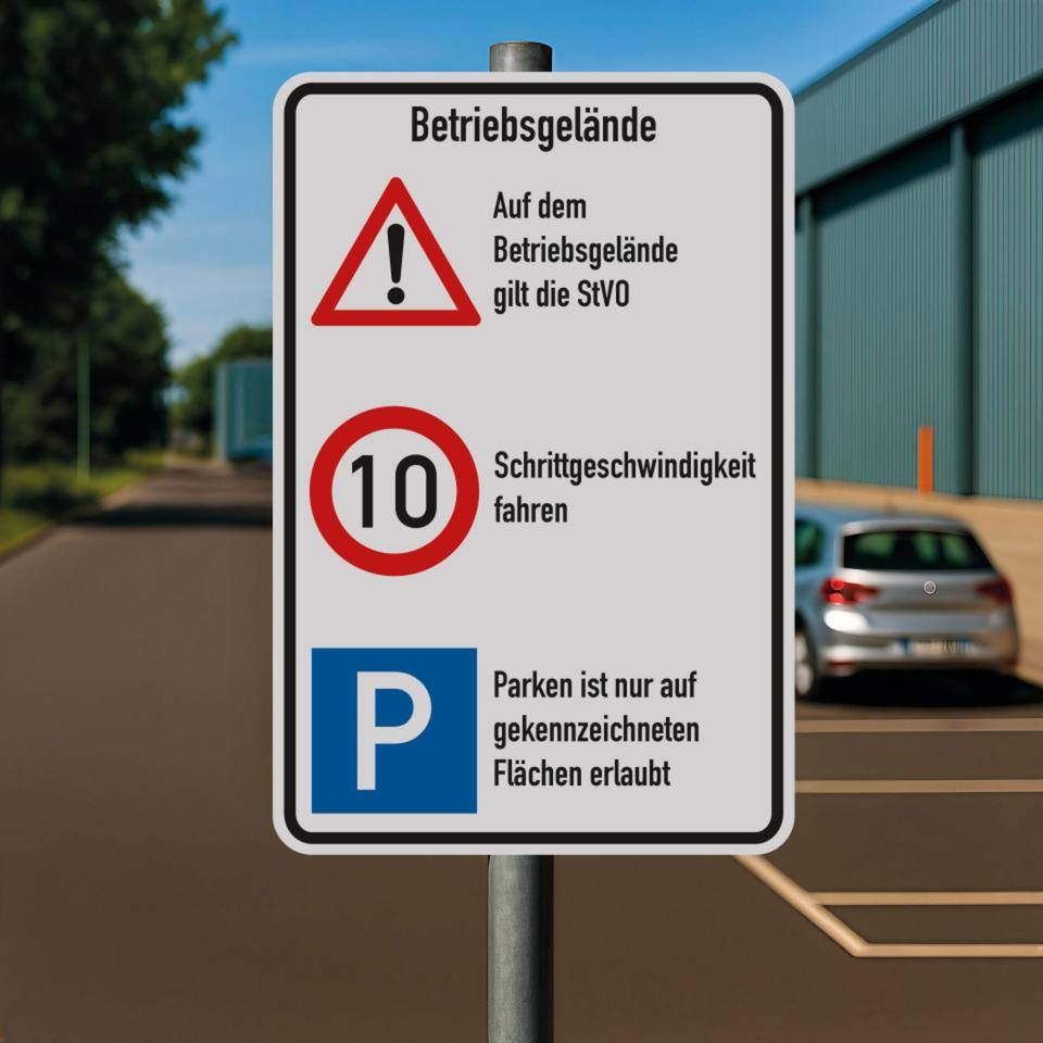 Kombischild Betriebsgelände, STVO und 10 km/h+Parken, Aluminium,600x900mm, nach StVO