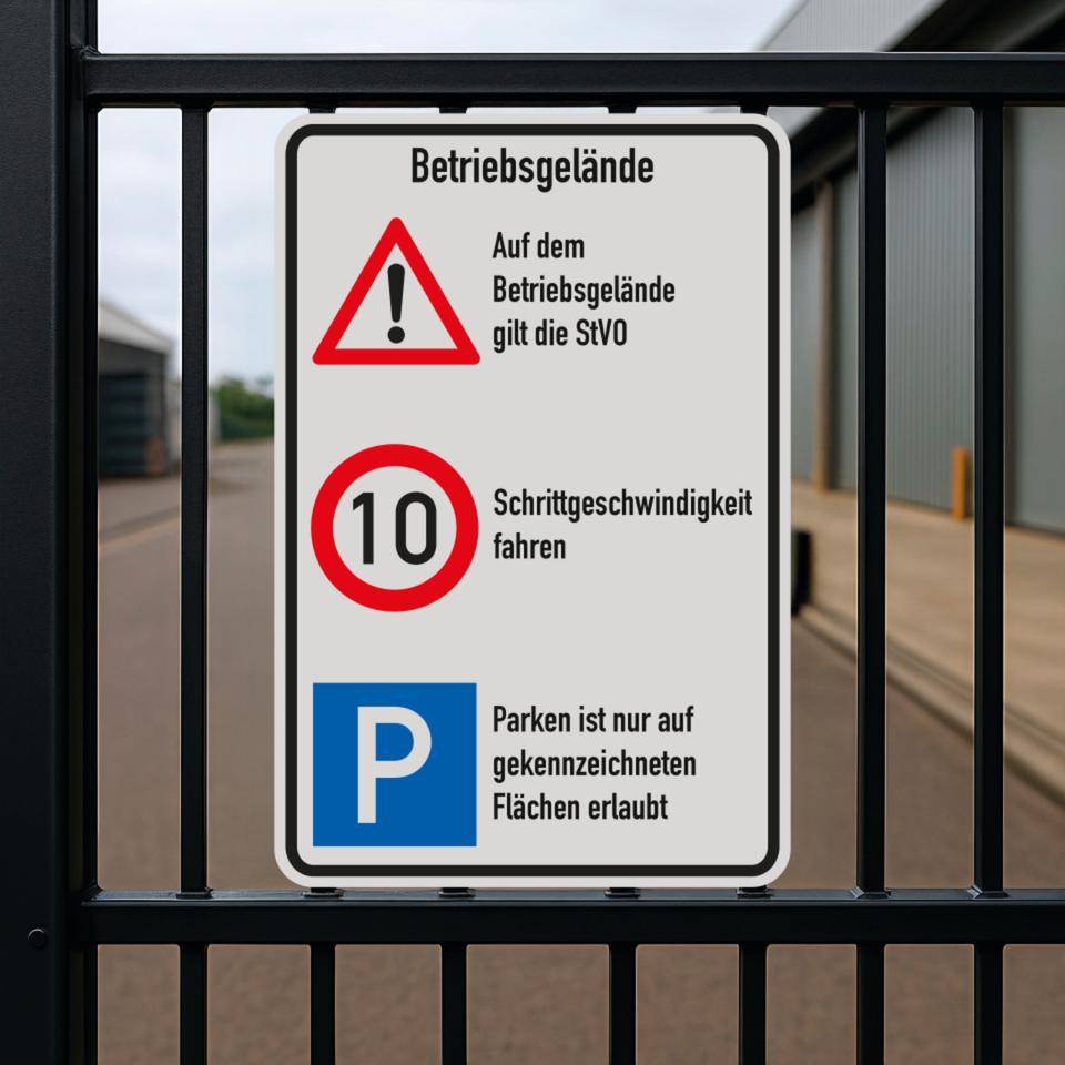 Kombischild Betriebsgelände, STVO und 10 km/h+Parken, Aluminium,600x900mm, nach StVO