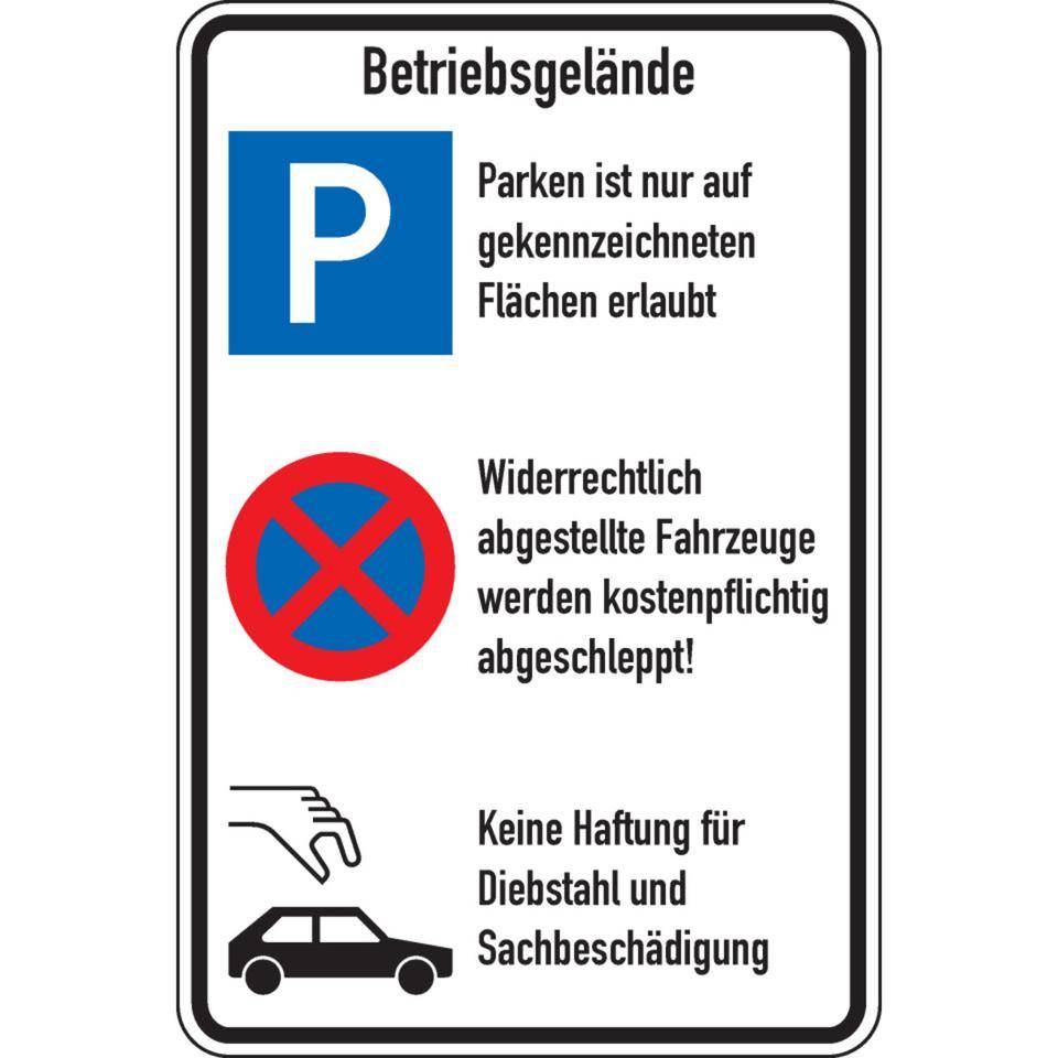 Kombischild Betriebsgelände, Parken, Parkverbot und Diebstahl, Aluminium, 600x900mm