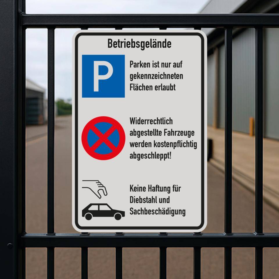Kombischild Betriebsgelände, Parken, Parkverbot und Diebstahl, Aluminium, 600x900mm