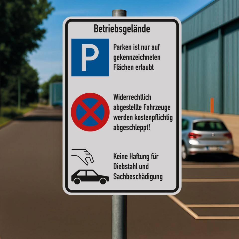 Kombischild Betriebsgelände, Parken, Parkverbot und Diebstahl, Aluminium, 600x900mm