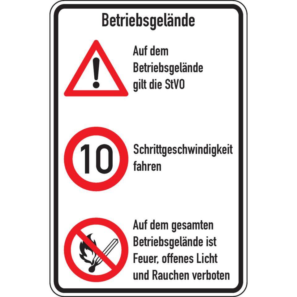 Kombischild Betriebsgelände, STVO und 10 km/h + Feuer offenes..., Aluminium, 600x900mm, nach StVO