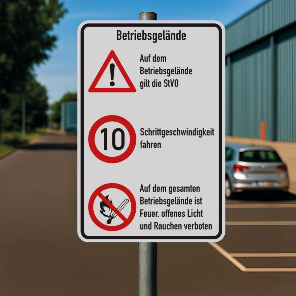 Kombischild Betriebsgelände, STVO und 10 km/h + Feuer offenes..., Aluminium, 600x900mm, nach StVO