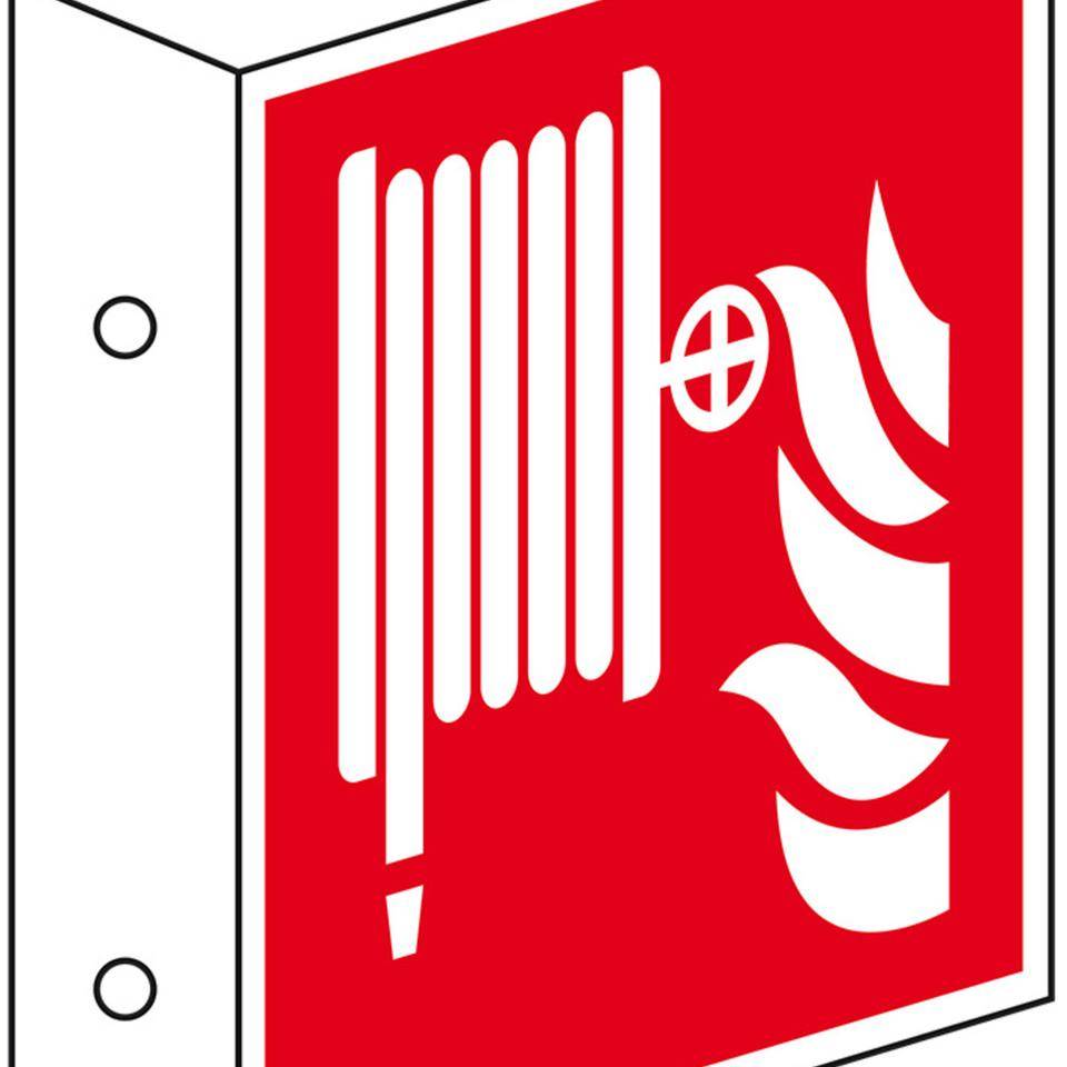 Brandschutz-Fahnenschild Löschschlauch, doppelseitig, Kunststoff, 200x200mm, ASR A1.3, DIN EN ISO 7010 F002