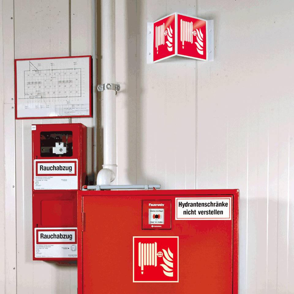 Brandschutz-Nasenschild Löschschlauch, Kunststoff, 200x200mm, ASR A1.3, DIN EN ISO 7010 F002