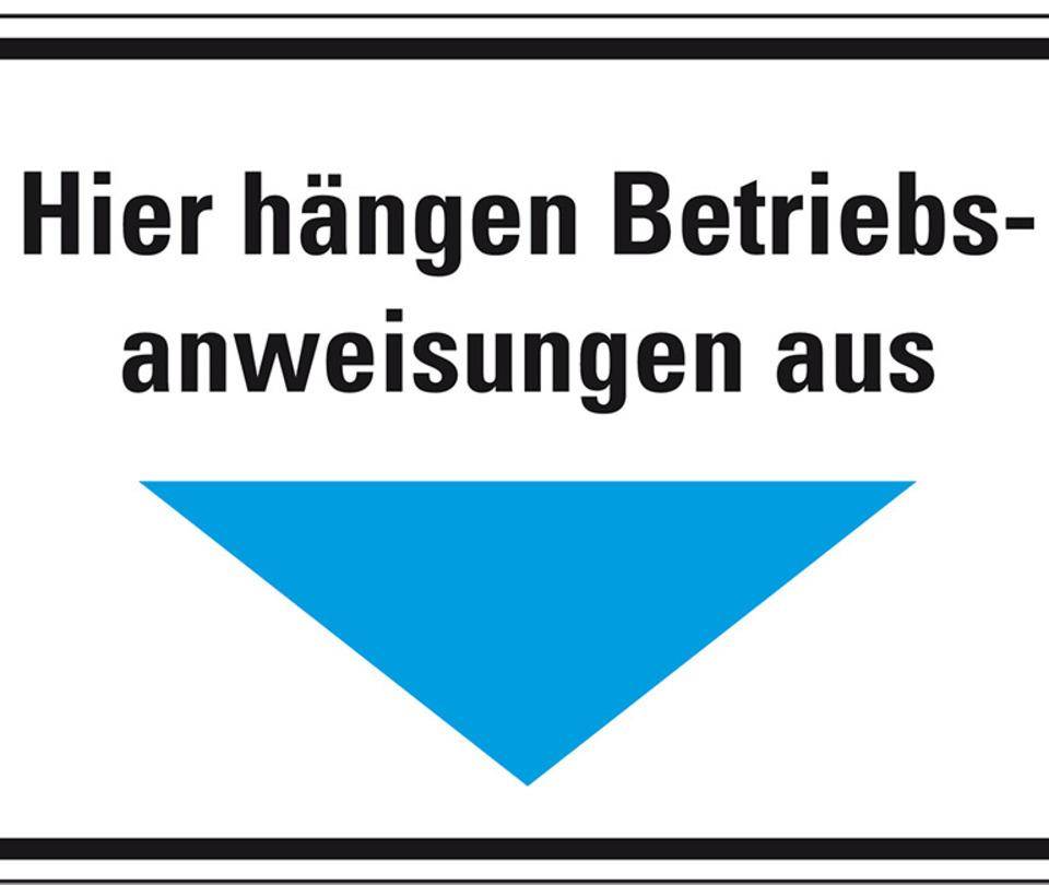 Hinweisschild Hier hängen Betriebsanweisungen aus, Pfeil blau, Kunststoff, 300x200mm