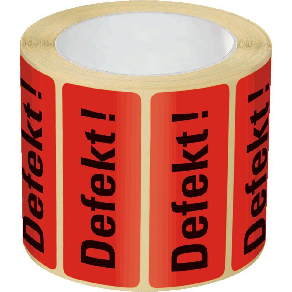Organisationsetikett Defekt!, rot, Haftpapier, ablösbar, 50x20mm, 500/Rolle