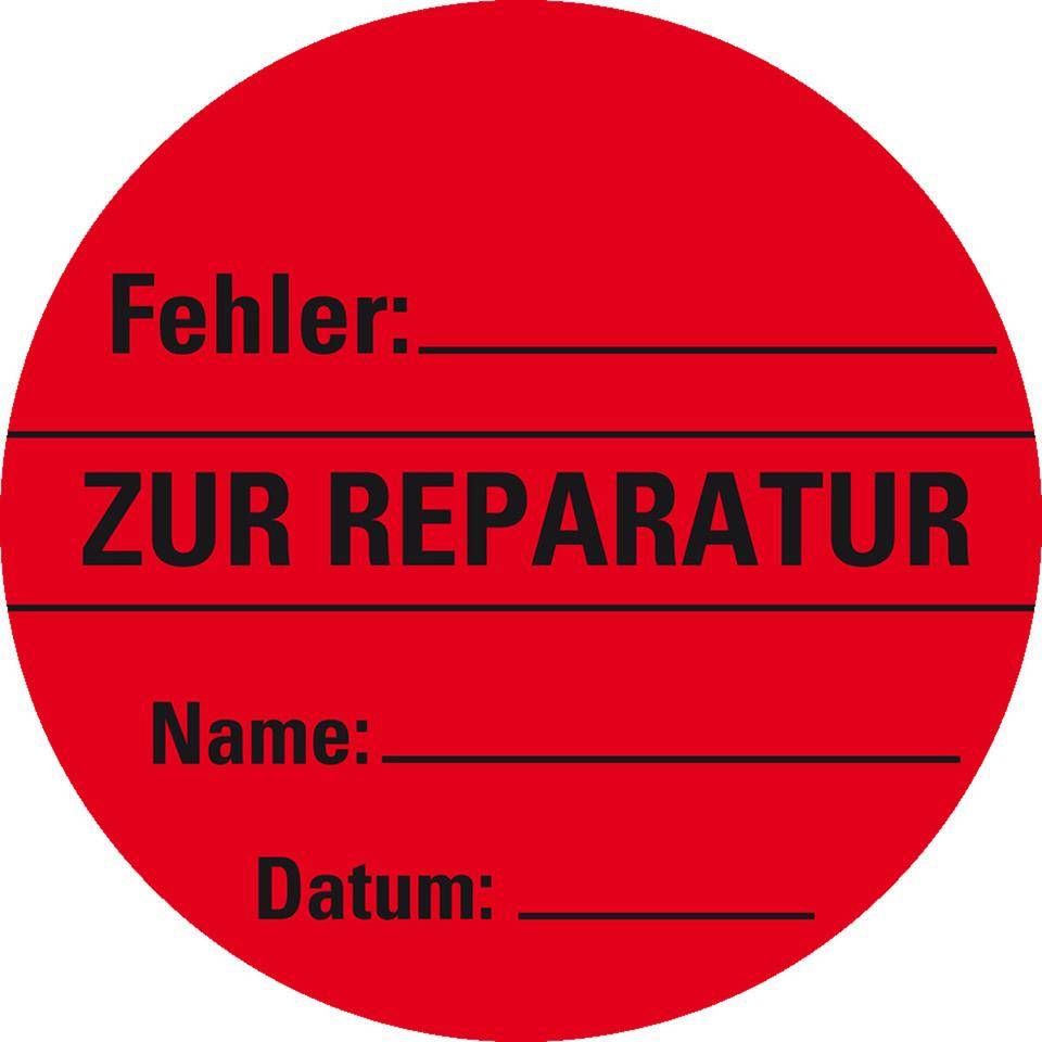 Organisationsetikett Zur Reparatur, rot, Haftpapier, ablösbar, Ø60mm, 500/Rolle
