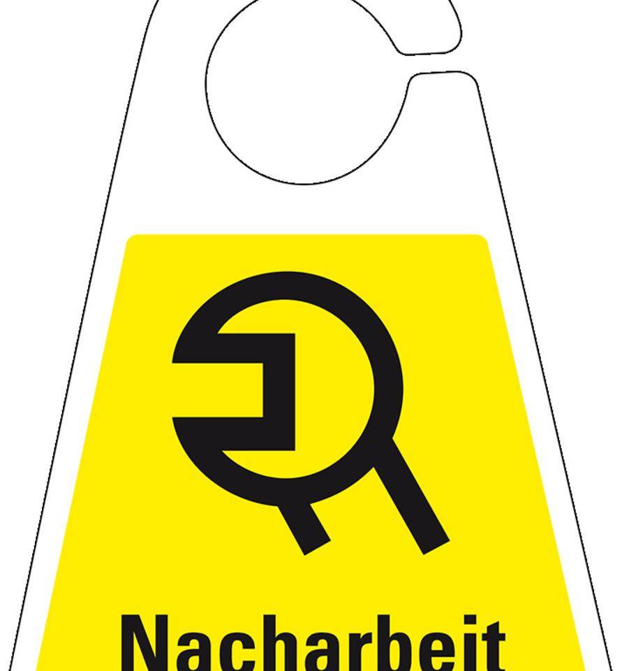 Qualitätsanhänger Nacharbeit, beidseitig bedruckt, gelb, Kunststoff, 120x165mm