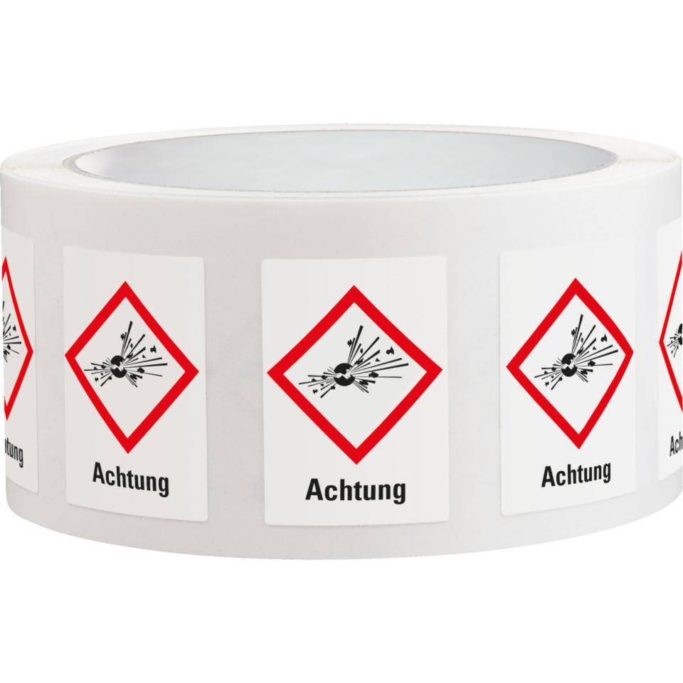 Gefahrensymbol Explodierende Bombe GHS 01, Achtung, Haftpapier, 26x37mm, 1000/Rolle, GHS-Verordnung