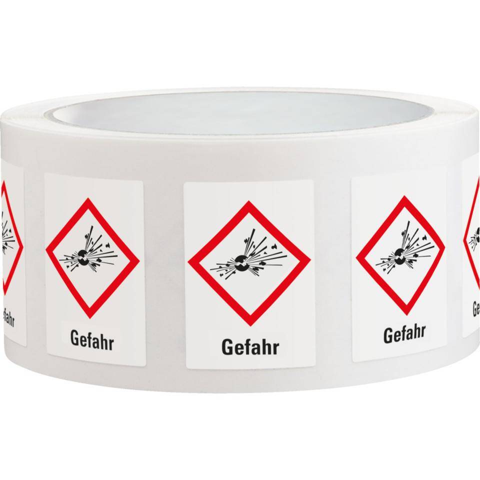 Gefahrensymbol Explodierende Bombe GHS 01, Gefahr, Folie, 26x37mm, 500/Rolle, GHS-Verordnung