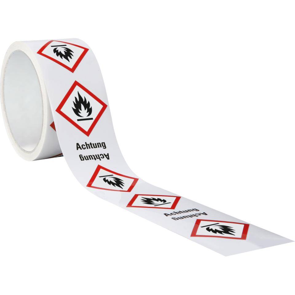 Gefahrensymbol Flamme GHS 02, Achtung, Folie, 52x74mm, 500/Rolle, GHS-Verordnung