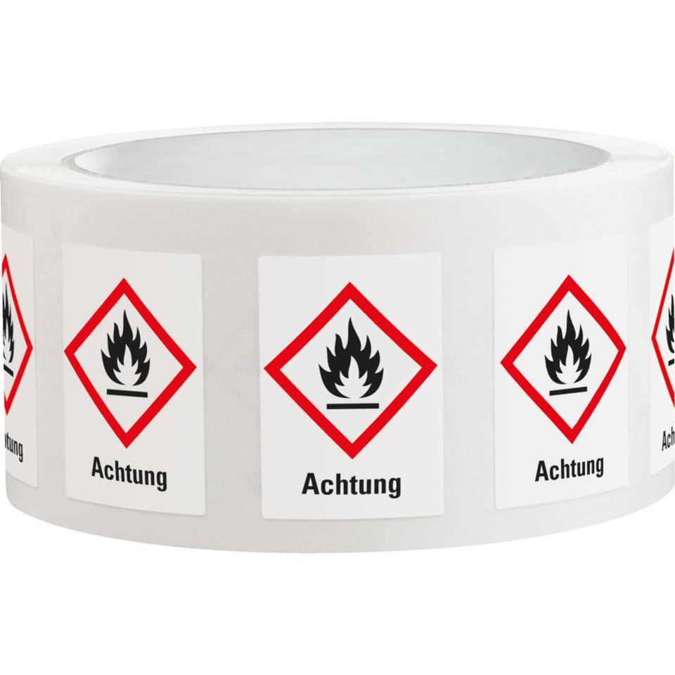 Gefahrensymbol Flamme GHS 02, Achtung, Haftpapier, permanent, 18x26mm, 1000/Rolle, GHS-Verordnung